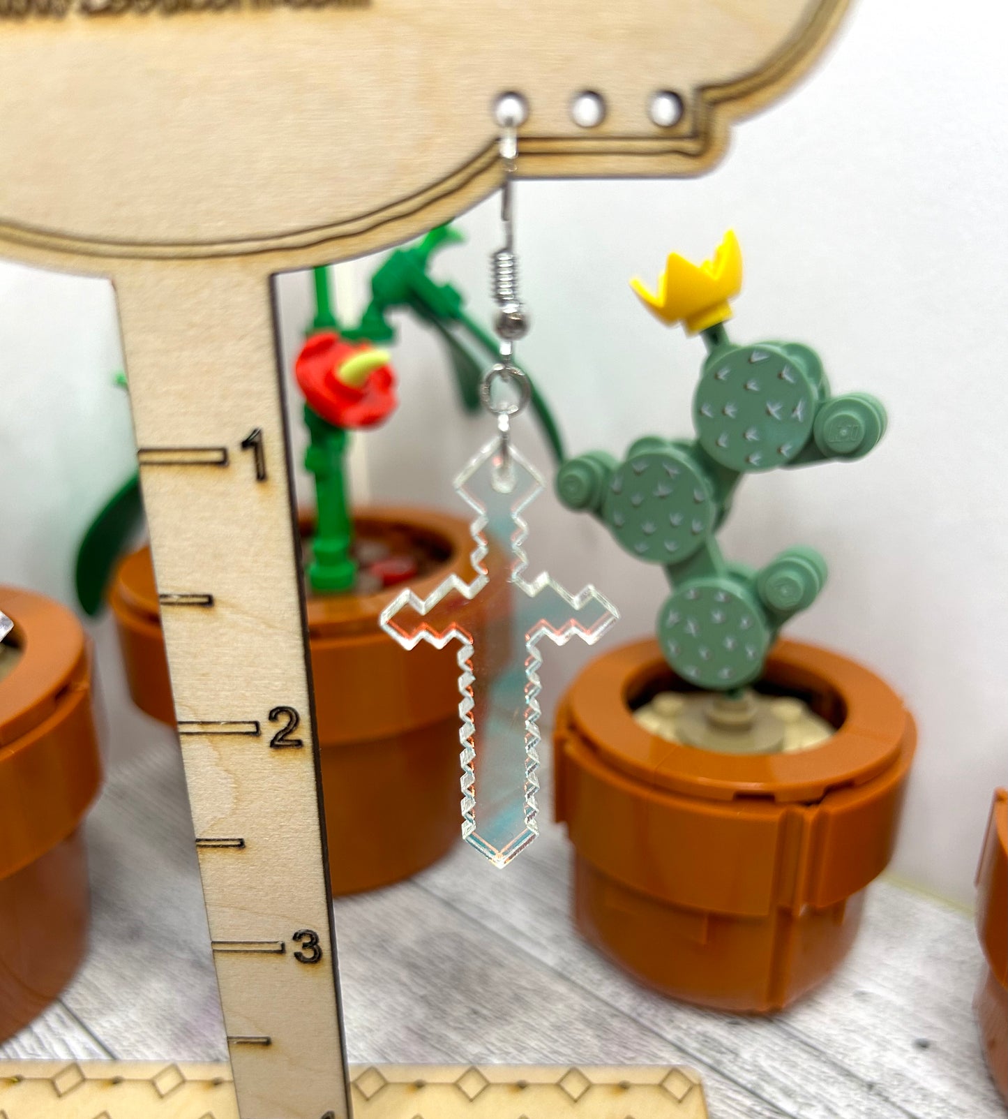 Iridescent Minecraft inspired diamond sword, acrylic earrings